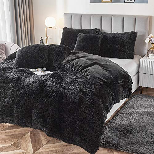 Uhamho Faux Fur Velvet Fluffy Bedding Duvet Cover Set Down Comforter Quilt Cover with Pillow Shams, Ultra Soft Warm (Black, King) - Image 2