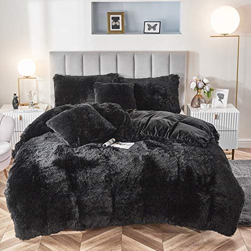Uhamho Faux Fur Velvet Fluffy Bedding Duvet Cover Set Down Comforter Quilt Cover with Pillow Shams, Ultra Soft Warm (Black, King) - Image 1