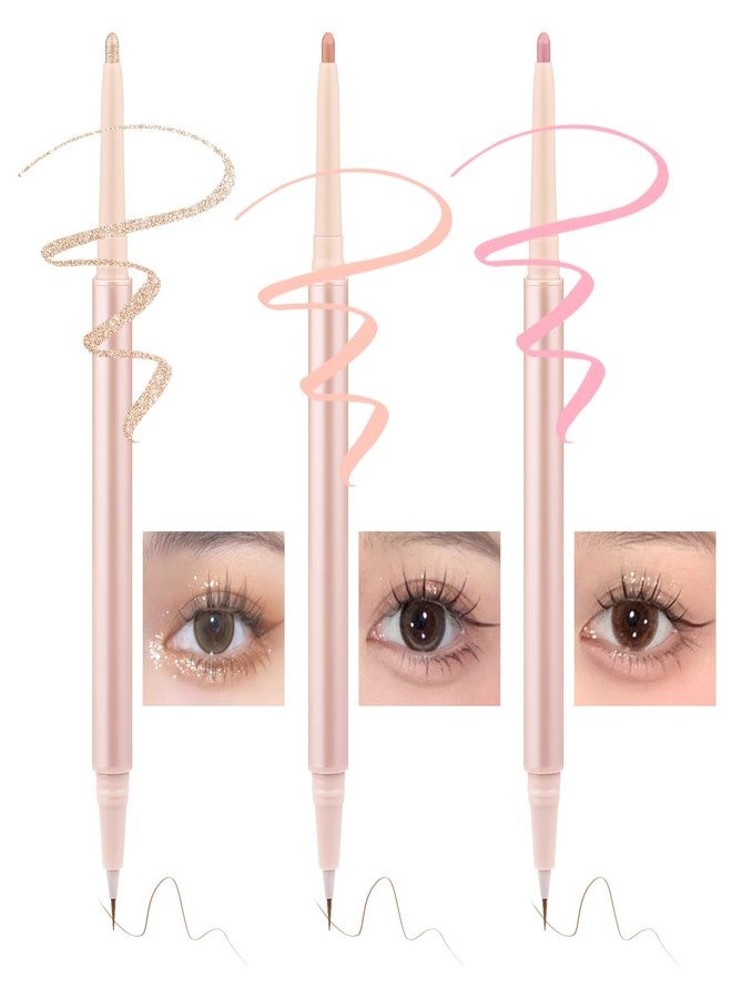 Nobeka 3PC Dual Ended Highlighter Makeup Pen, Glitter & Matte Nude EyeLiner & Eyeshadow, Liquid Contour Liner 2 in 1 Eye Make Up Stick, Mulit-Funtional Long Lasting Lying Silkworm Pencil Set - Image 1