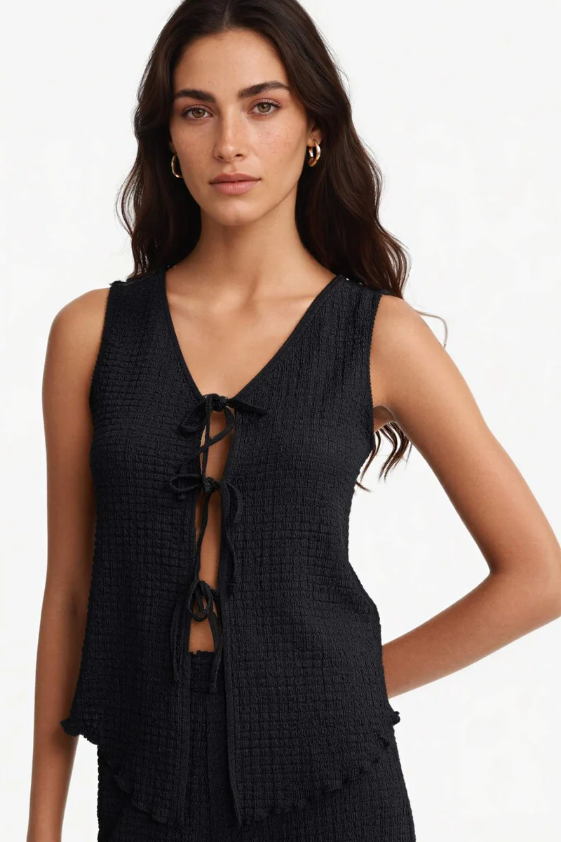 Defacto Slim Fit V-Neck Tie Front Crepe Blouse