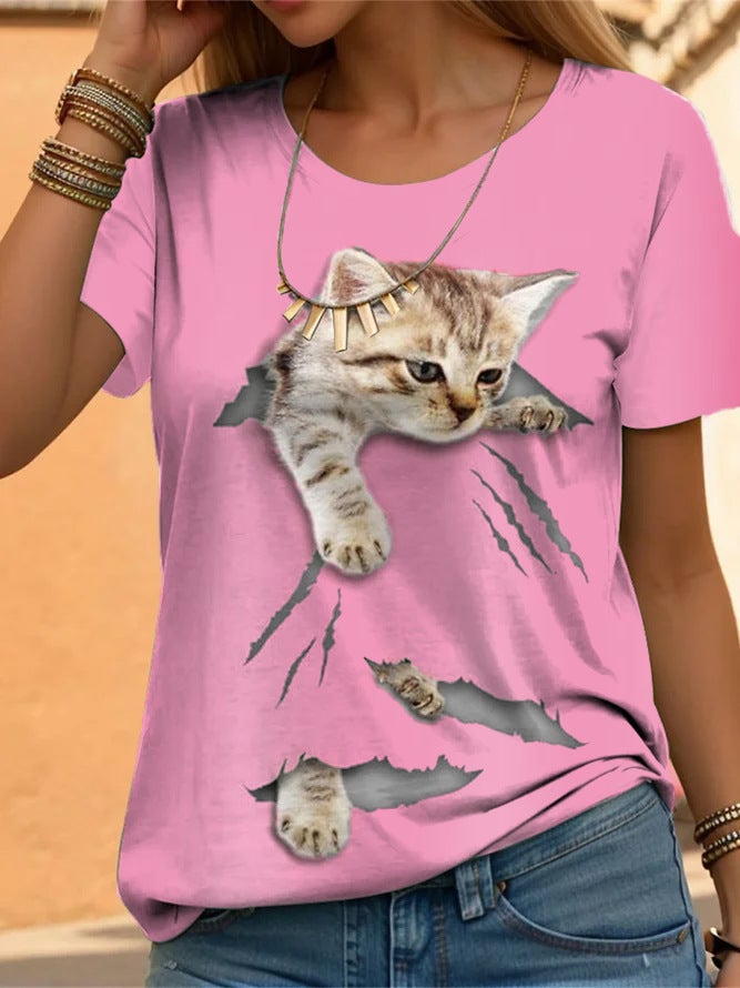 2024 New Womens Short Sleeve Cat Top Pink - Image 1
