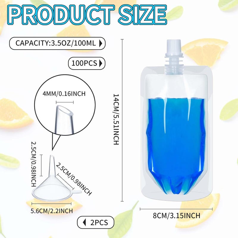 Meanplan 100 Pcs Plastic Pouches Bulk Reusable Squeeze Pouches Clear Plastic Juice Leak Proof Bags with Funnel for Party Favors Supplies(3.5 oz,Straight Mouth) - Image 2