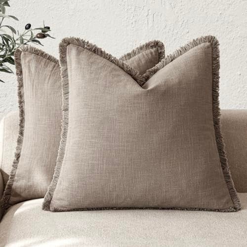 Foindtower Set of 2 Decorative Linen Fringe Throw Pillow Covers Boho Farmhouse Cushion Cover with Tassels Soft Accent Pillowcase for Couch Chair Sofa Bed Living Room Home Decor1818 InchBrown Tan - Image 1