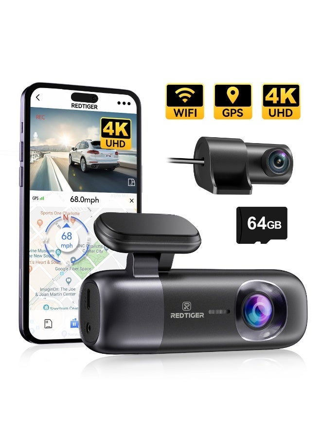 REDTIGER F9 Dash Cam 4K Front and Rear 1080P, Dual Camera for Cars, Night Vision, GPS, Built-in 5G WiFi, Dashcam with App Control, Parking Monitor - Image 1