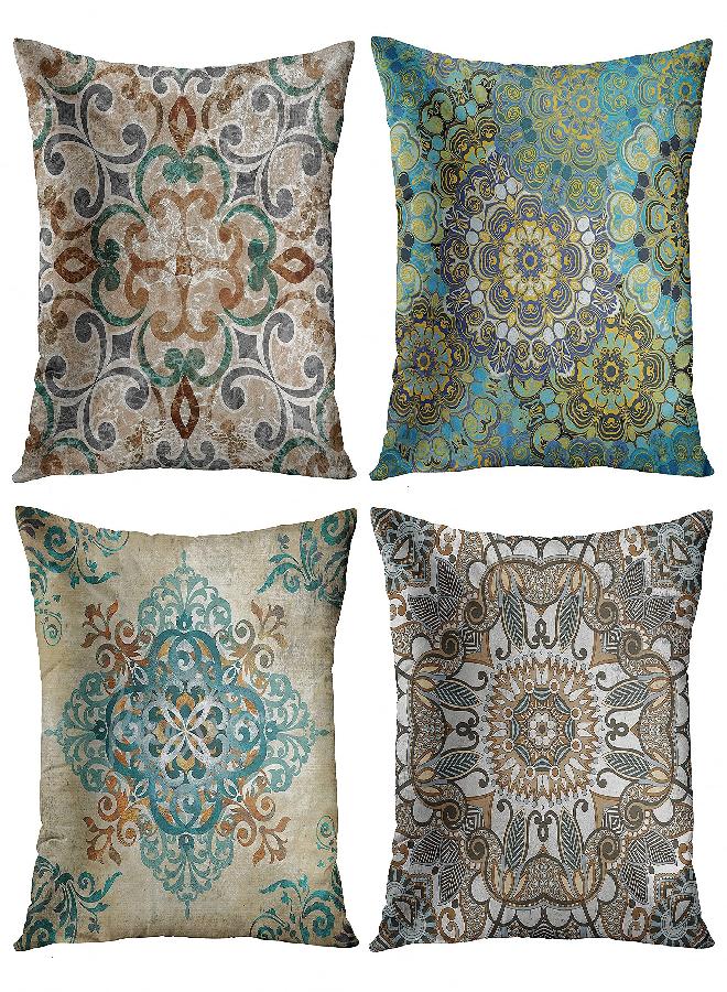 Emvency Emvency Set of 4 Throw Pillow Covers Vintage Abstract Boho Brown Green Teal and Grey Plant Leaf Floral Decorative Pillow Cases Home Decor Standard Square 18x18 Inches Pillowcases  - Image 1