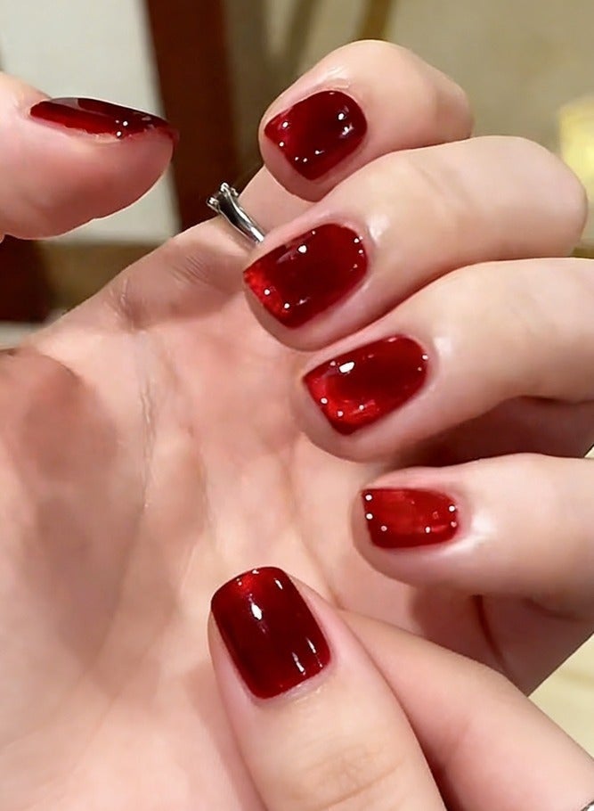 MARYA Red Press on Nails, 24 Pack Cat Eye Short Squoval,  Reusable ABS Fake Nails with Jelly Glue, Salon Quality False Nail Art DIY Set for Women Home Daily Wear - Image 1