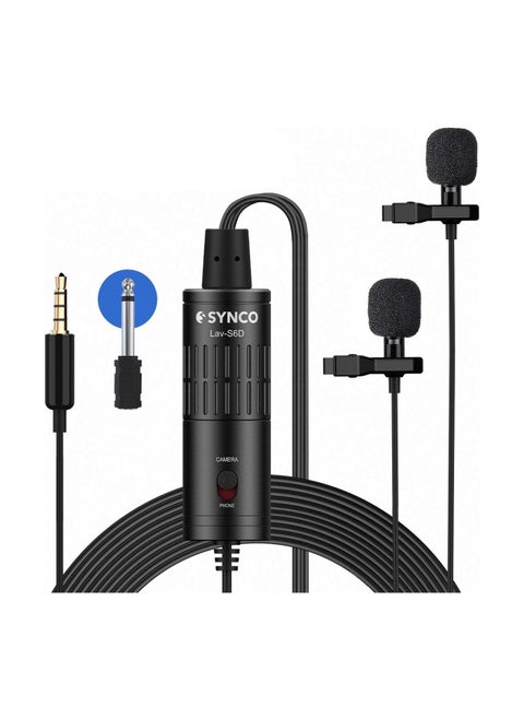 Dual Lavalier Lapel Microphone, SYNCO Lav-S6D Lav Mic Double-head Clip on Omnidirectional 6m Cable for iPhone Android Smartphone, Camera DSLR, Audio Recorder, Laptop PC, with 6.3mm Adapter