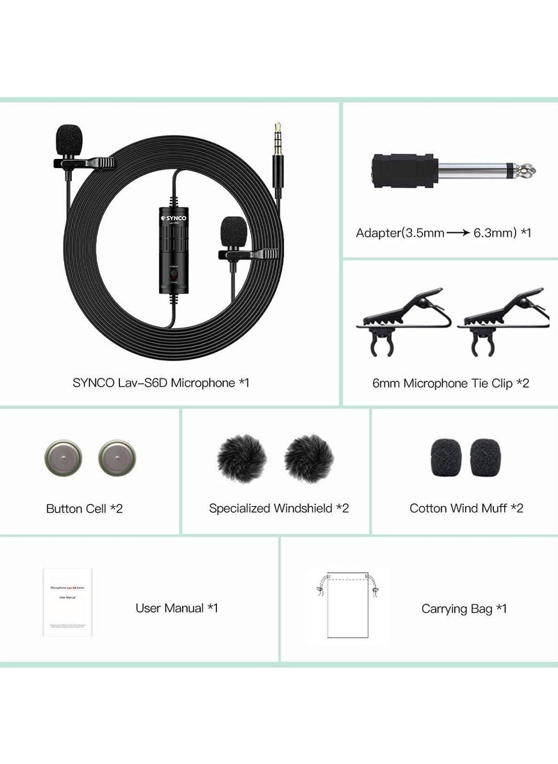 synco - Dual Lavalier Lapel Microphone, SYNCO Lav-S6D Lav Mic Double-head Clip on Omnidirectional 6m Cable for iPhone Android Smartphone, Camera DSLR, Audio Recorder, Laptop PC, with 6.3mm Adapter - Image 1