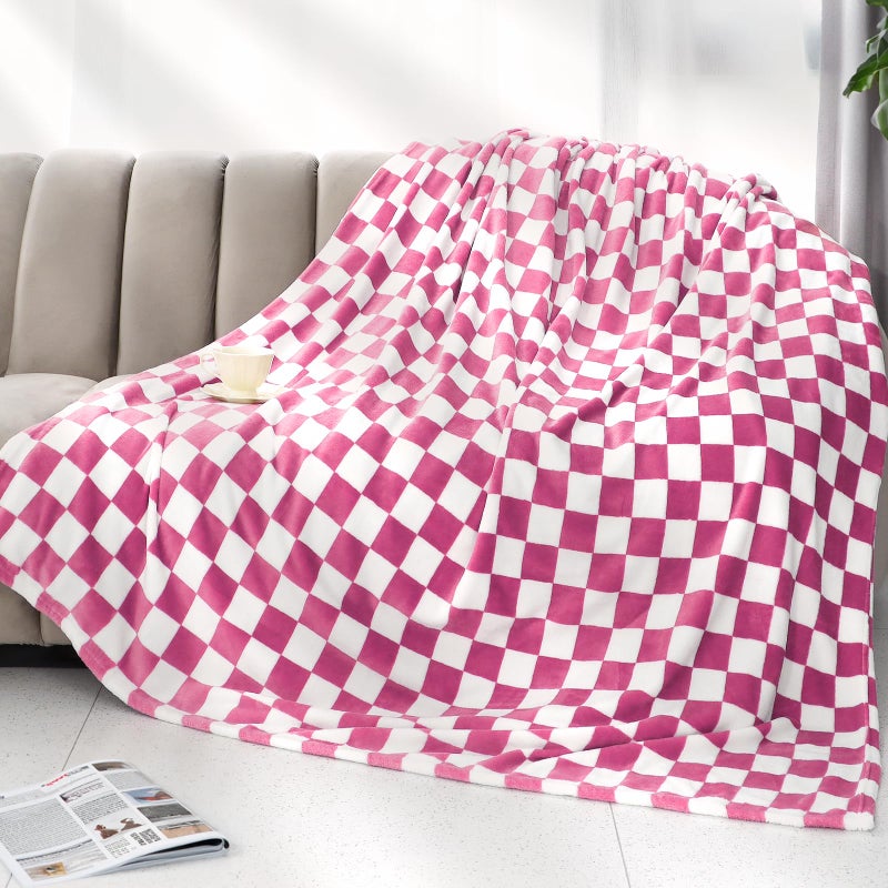 LOKOZ Pink Checkered Blanket Soft Fuzzy Throw Fleece Blanket Checkerboard Cute Decor Stuff for Bed Couch - Image 1