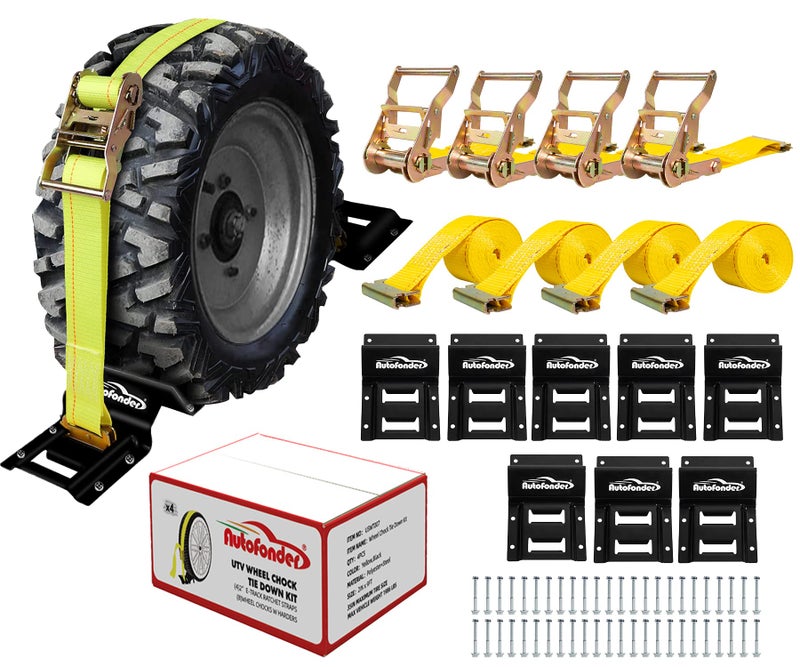 Wheel Chock Tie Down Kit 4500lb Break Strength Heavy Duty Trailer Tire Straps System for ATV UTV Lawn Mower More Ratchet Tie Downs Accessories with E Track for Four Wheeler