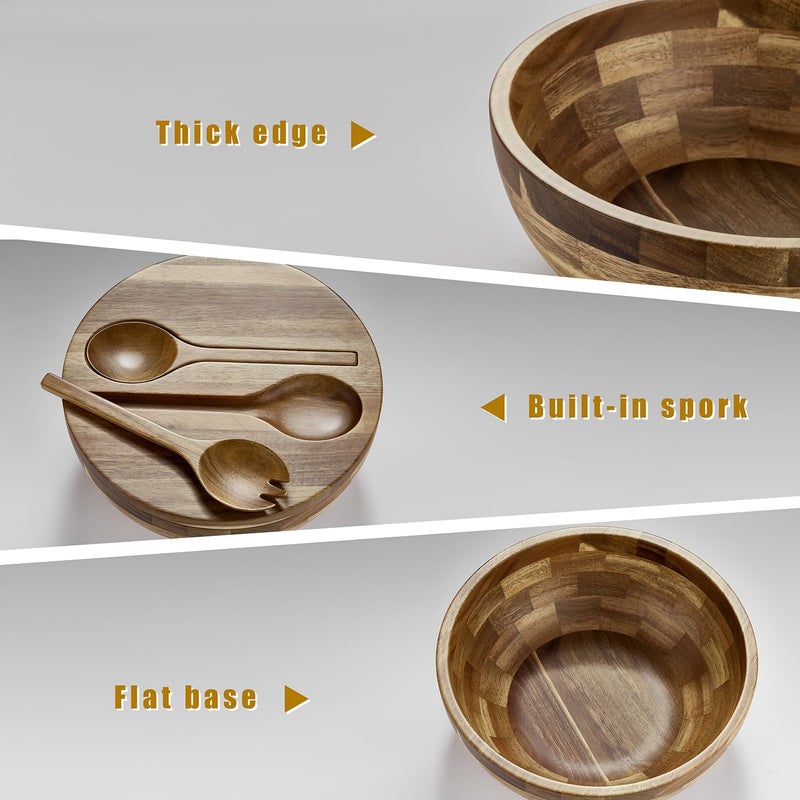 JOYMAY Salad Bowls Wood Salad Bowl Set with Lid Acacia Wood Serving Bowl for Fruits or Salads 10.5" Large Serving Bowl with Serving Utensils, 4 Piece Wooden Mixing Bowl Set for Kitchen, Picnic - Image 4