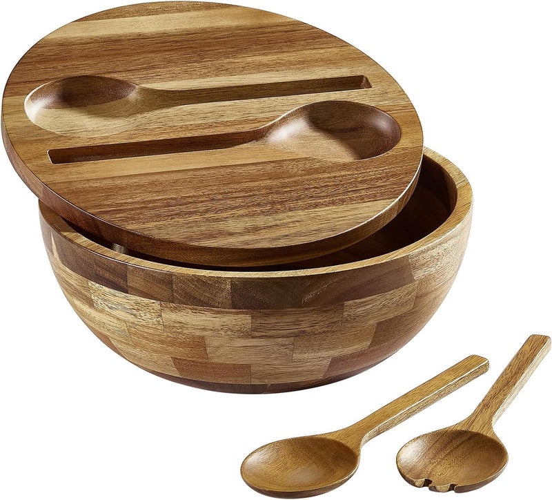 JOYMAY Salad Bowls Wood Salad Bowl Set with Lid Acacia Wood Serving Bowl for Fruits or Salads 10.5" Large Serving Bowl with Serving Utensils, 4 Piece Wooden Mixing Bowl Set for Kitchen, Picnic - Image 1