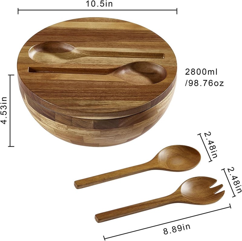 JOYMAY Salad Bowls Wood Salad Bowl Set with Lid Acacia Wood Serving Bowl for Fruits or Salads 10.5" Large Serving Bowl with Serving Utensils, 4 Piece Wooden Mixing Bowl Set for Kitchen, Picnic - Image 2