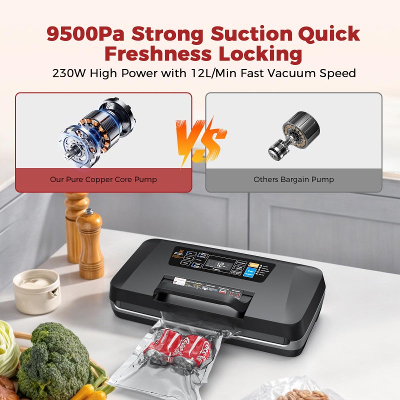 ROUUO Vacuum Sealer Machine with 95KPa Suction â€“ Full Automatic Commercial Grade Sealer for Wet/Dry Food, Built-in Cutter, Complete Kit with 1 Roll & 10 Bags â€“ 230W Double Seal Strip - Image 2