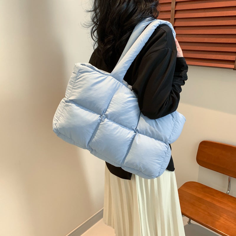 New Down-Filled Cotton Jacket Women'S Bag, Simple Cotton-Filled Space Bag Tote Bag, Soft Checkered Underarm Shoulder Bag - Image 4
