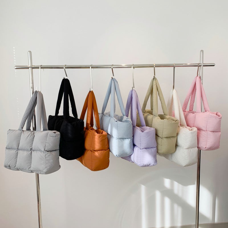 New Down-Filled Cotton Jacket Women'S Bag, Simple Cotton-Filled Space Bag Tote Bag, Soft Checkered Underarm Shoulder Bag - Image 5