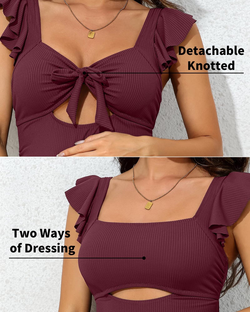 Charmo Women Ruffle Maternity One Piece Swimsuits Adjustable Shoulder Straps Pregnancy Swimwear Ruched Cutout Swimwear Red - Image 4