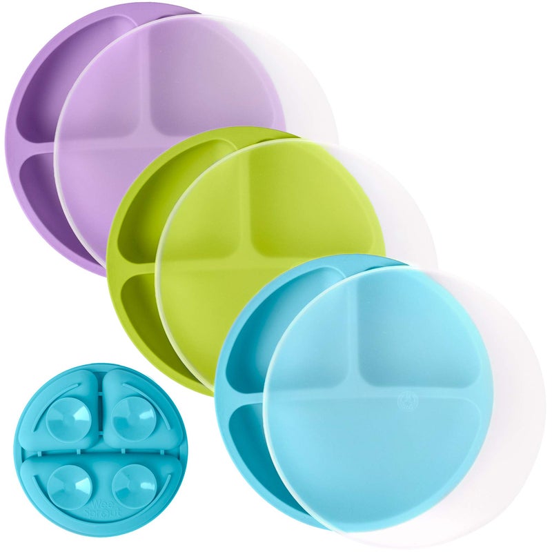 WeeSprout Suction Plates with Lids for Babies & Toddlers - 100% Silicone, Dinnerware Stays Put, Divided Design for Picky Eaters, Microwave & Dishwasher Friendly, 3 Pack - Image 1