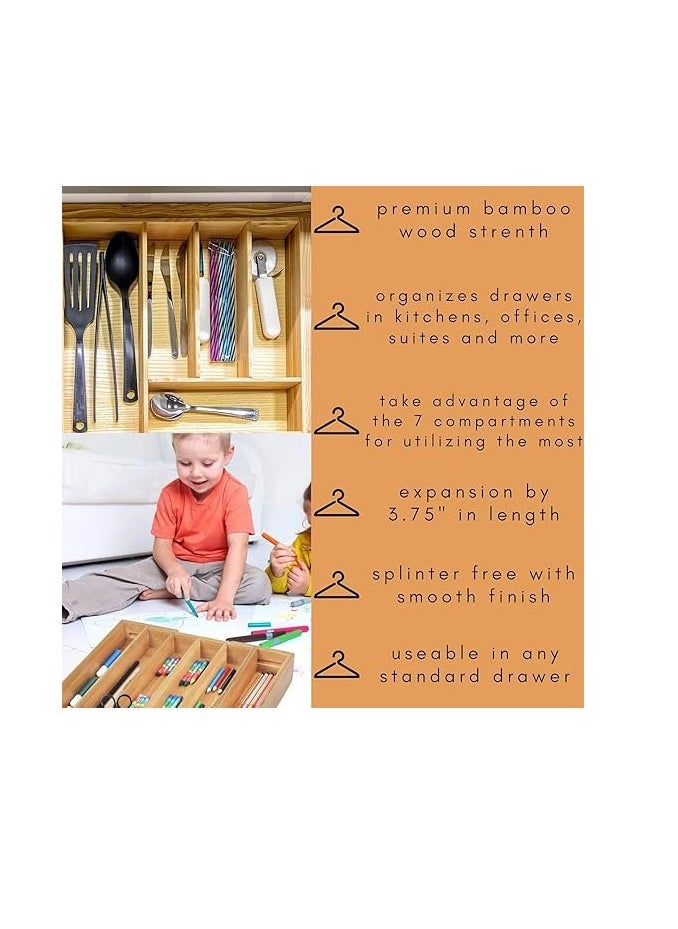 Expandable Bamboo Drawer Organizer Adjustable Utensils Holder & Silverware Organizer Cutlery Tray Wooden Drawer Dividers for Drawer Organization and Storage