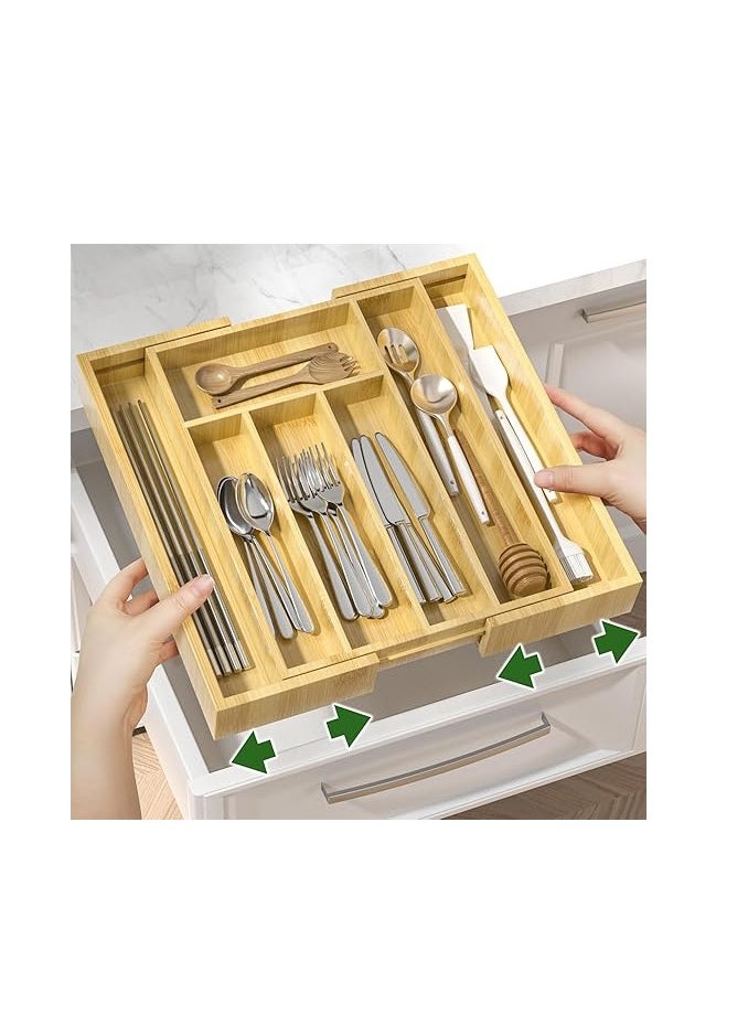 Expandable Bamboo Drawer Organizer Adjustable Utensils Holder & Silverware Organizer Cutlery Tray Wooden Drawer Dividers for Drawer Organization and Storage