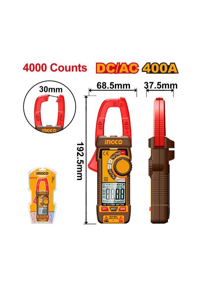 INGCO Digital Clamp Meter, 400A AC/DC, True RMS, 4000 Counts, LCD Backlit Display, Auto Shutdown, Model : DCM62002  - Image 2