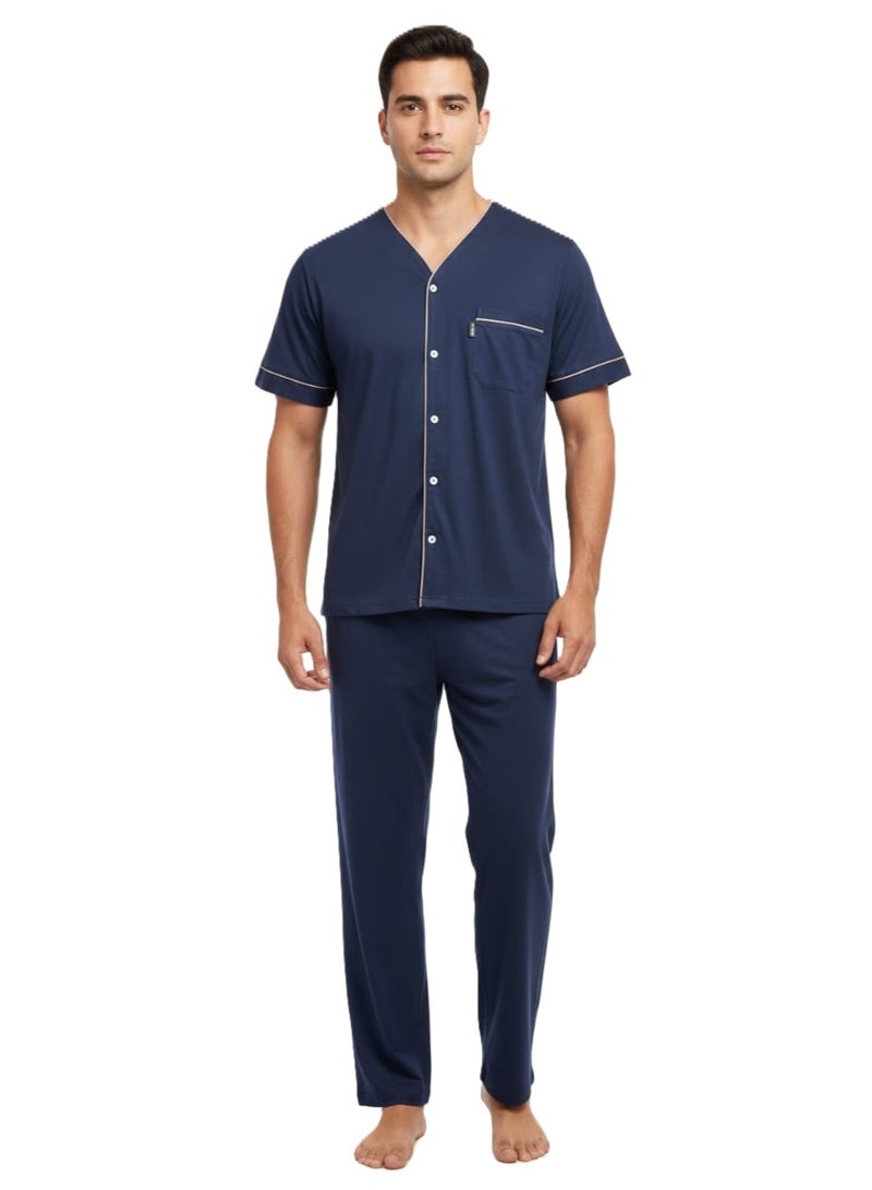 Men Summer Pajama Set Plain Top & Plain Bottom