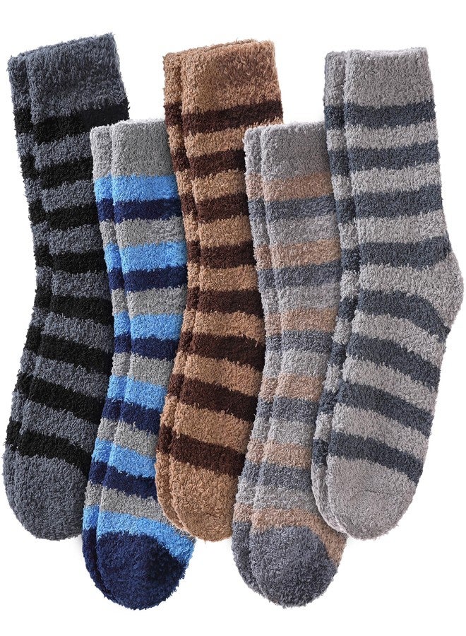 LINEMIN Mens Fuzzy Socks Cozy Fluffy Winter Warm Slipper Socks Microfiber Soft Home Sleeping Socks 5/6 Pairs (Blue/Brown/Black/Grey Stripe) - Image 1