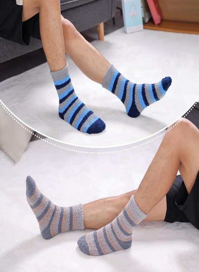 LINEMIN Mens Fuzzy Socks Cozy Fluffy Winter Warm Slipper Socks Microfiber Soft Home Sleeping Socks 5/6 Pairs (Blue/Brown/Black/Grey Stripe) - Image 2