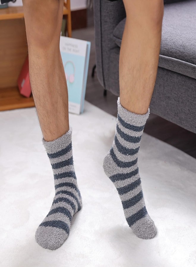LINEMIN Mens Fuzzy Socks Cozy Fluffy Winter Warm Slipper Socks Microfiber Soft Home Sleeping Socks 5/6 Pairs (Blue/Brown/Black/Grey Stripe) - Image 3