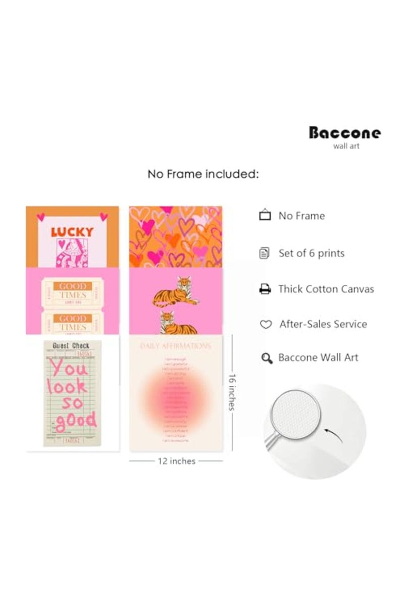 Baccone فن الجدران العصري باللونين الوردي والبرتقالي - ديكور جدران قماش عصري - صور جمالية - ملصقات فتيات - مطبوعات تأكيد يومي ملهمة - مجموعة من 6 لغرفة النوم 12x16 بوصة بدون إطار - Image 3