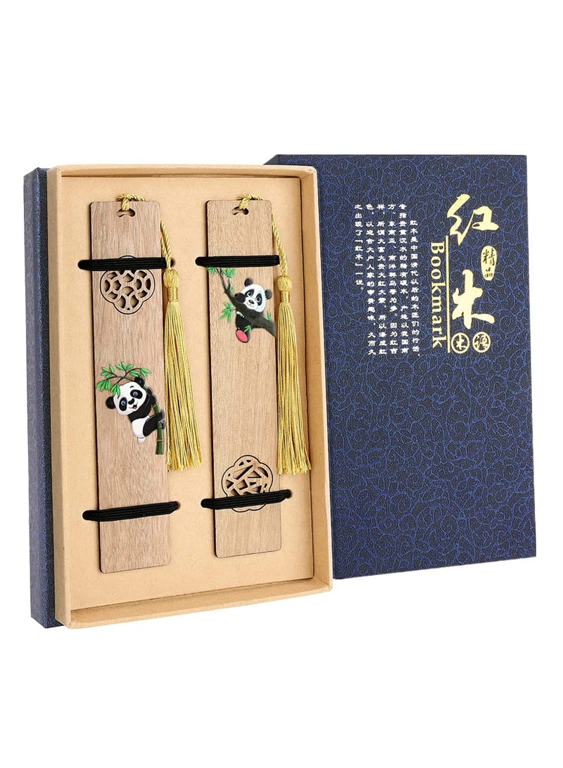 SOLARAE Handmade Wooden Bookmark, Natural Wood Bookmarks with Tassels, Panda Christmas Tags with Gift Box for Men Women Girls Boys Teachers Students Gifts 2 Pcs - Image 1
