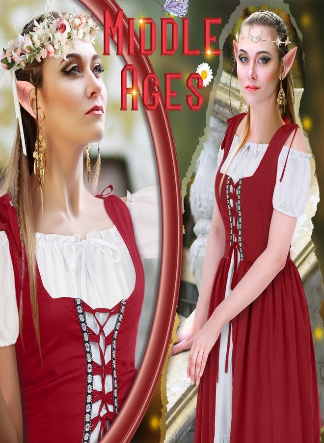 Bonuci 6 Pcs Women Renaissance Costume Fairy Dress Medieval Costume with Elf Ears, Moon Head Chain and Woodland Fairy Crown(S/M,Wine Red) - Image 3