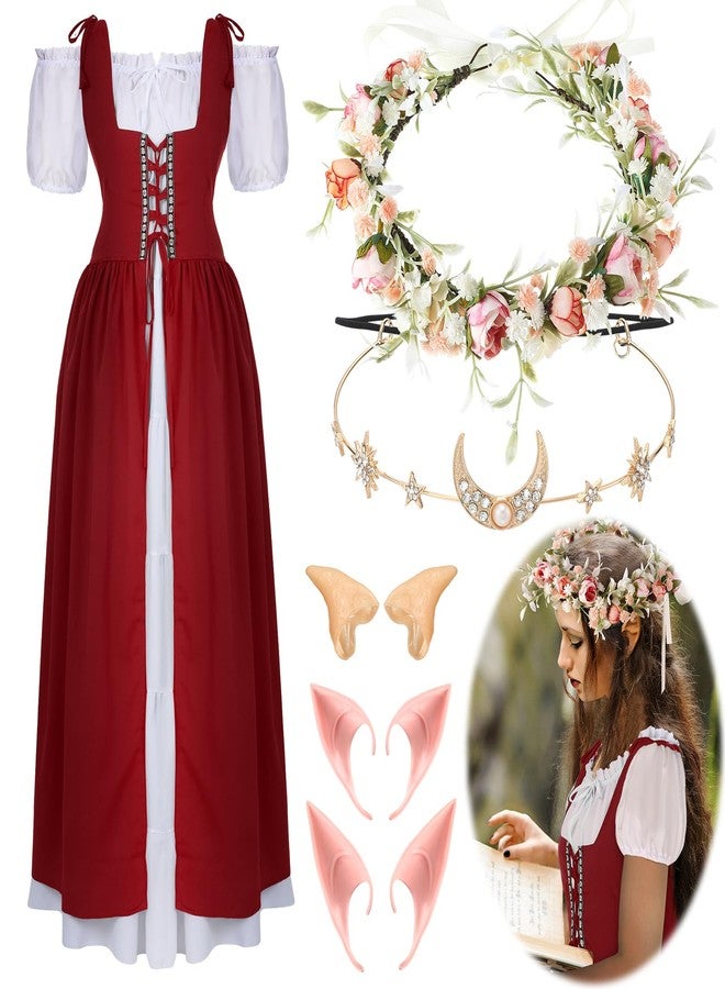 Bonuci 6 Pcs Women Renaissance Costume Fairy Dress Medieval Costume with Elf Ears, Moon Head Chain and Woodland Fairy Crown(S/M,Wine Red) - Image 1
