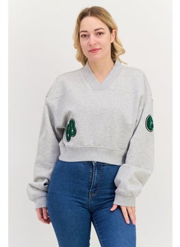 Women V Neck Long Neck Long Sleeve Graphic Sweatshirt, Grey Combo