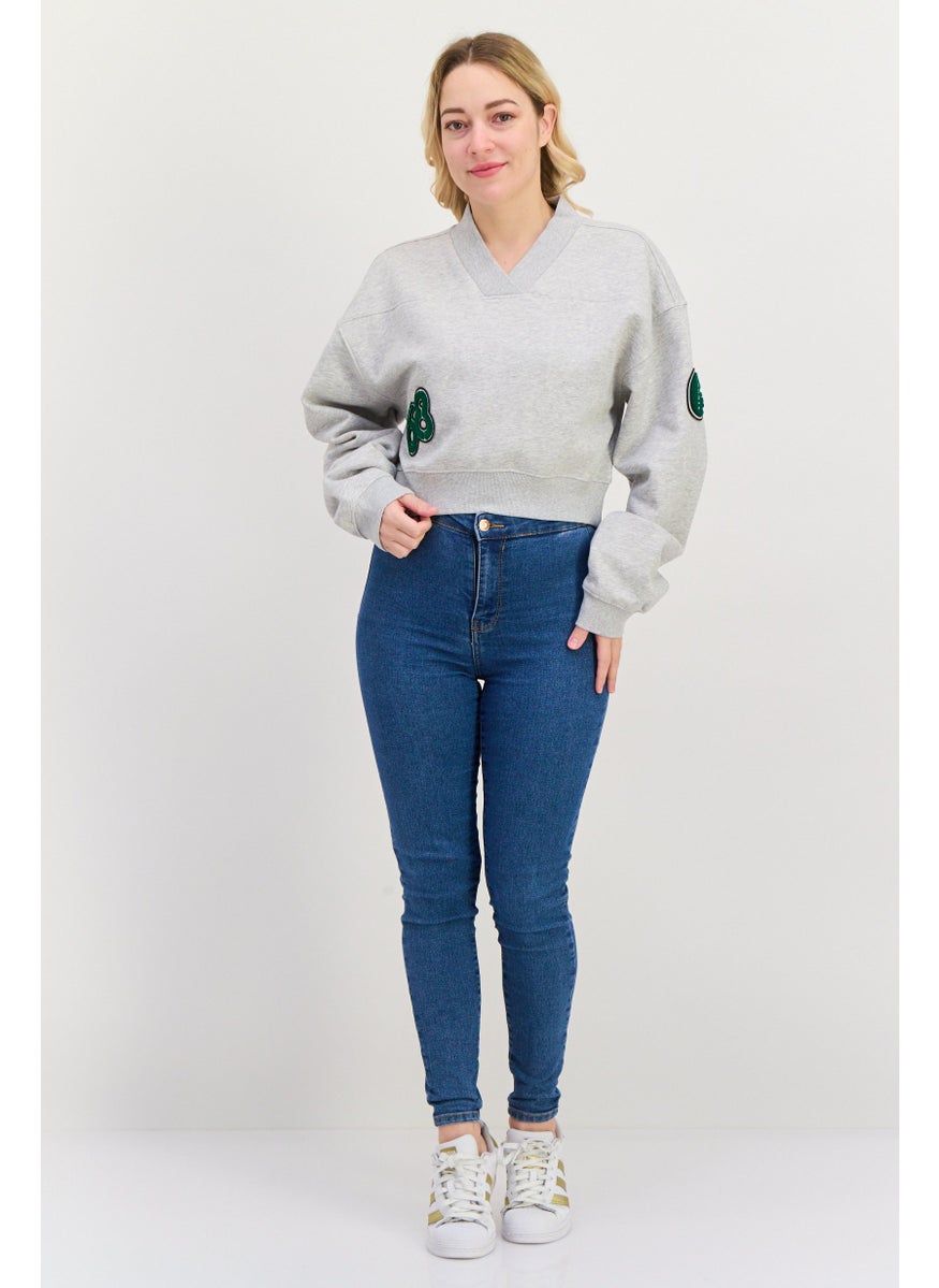 ESPRIT - Women V Neck Long Neck Long Sleeve Graphic Sweatshirt, Grey Combo - Image 1