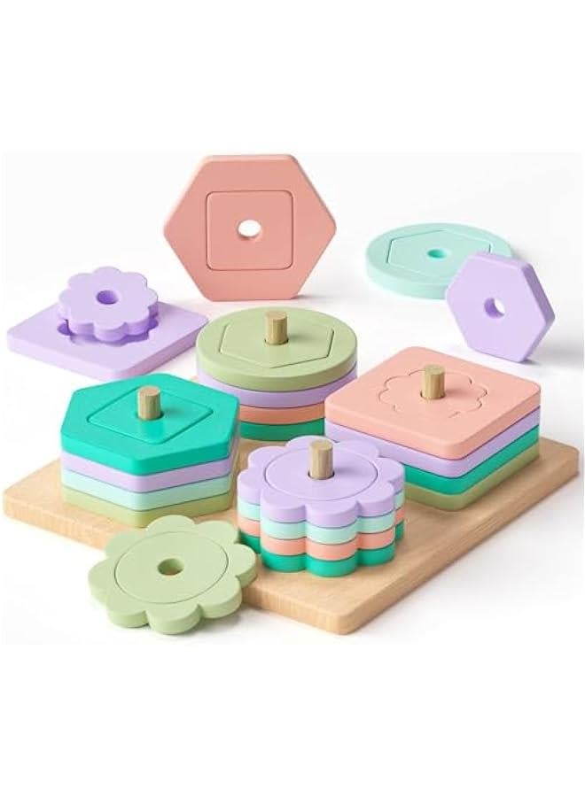 MOXO Wooden Montessori Toys for Toddlers  Educational Shape Sorter Color Stacker Puzzles and Stacking Toys for Boys and Girls aged 13 - Image 1