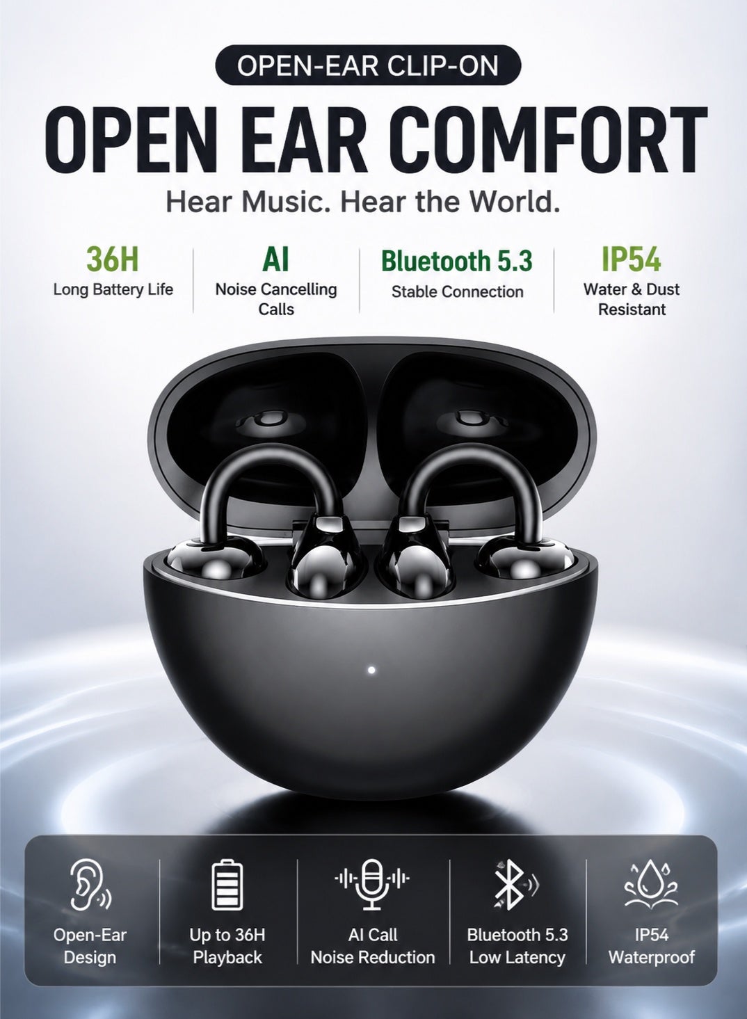 أوليو OULIYO Open Ear clip-on Bluetooth Earphones 36h Battery 80 g