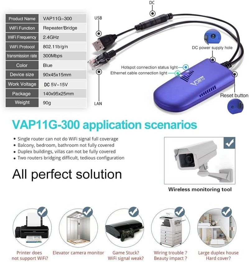Vonets WiFi to Wired WiFi Bridge Ethernet/Signal Repeater Mini Industrial 2.4GHz 300Mbps 1 RJ45 Male USB/DC Powered for Monitoring,Electronic Scales,IP Printer,Robots,Medical Devices VAP11G-300 - Image 3