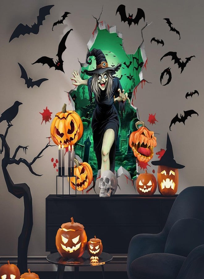 iMagitek 3D Halloween Witch Wall Decals, Spooky Bats Pumpkins Wall Stickers for Halloween Home Decor - Image 1