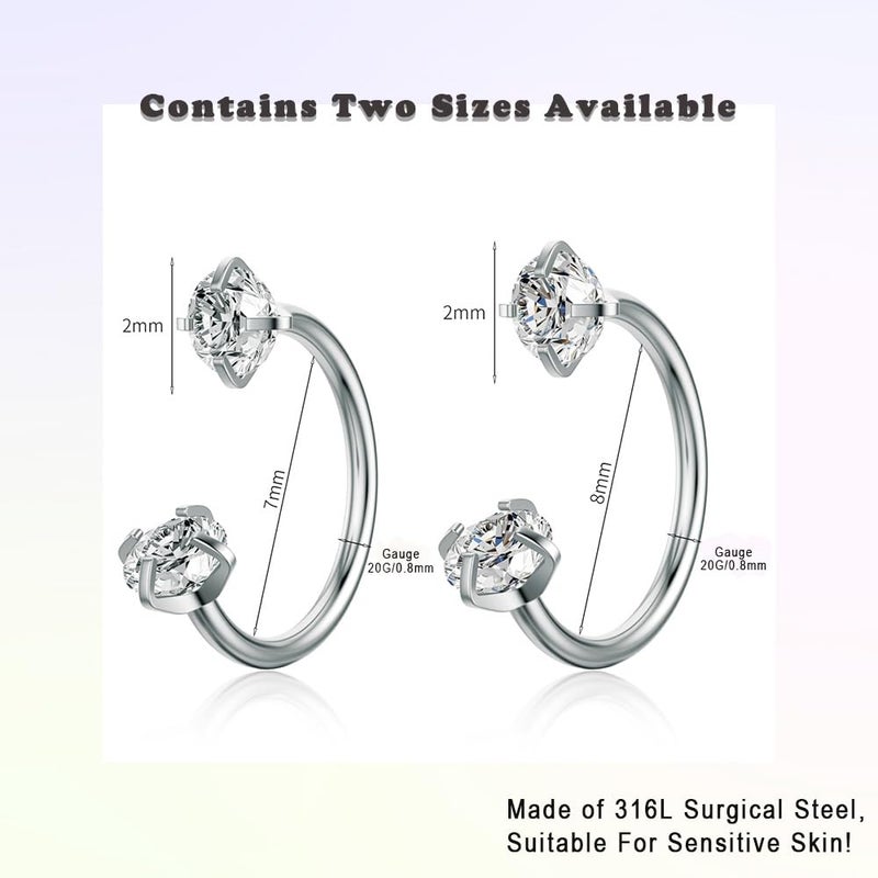 TOPBRIGHT 12PCS 316L Stainless Steel Horseshoe Nose Rings - 20G Threadless Push Pin Hoops with Double Cubic Zirconia for Women Men, Septum/Helix/Daith/Lip Piercing (7mm & 8mm) - Image 3