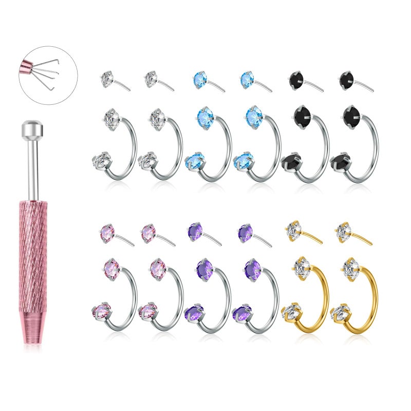 TOPBRIGHT 12PCS 316L Stainless Steel Horseshoe Nose Rings - 20G Threadless Push Pin Hoops with Double Cubic Zirconia for Women Men, Septum/Helix/Daith/Lip Piercing (7mm & 8mm) - Image 1