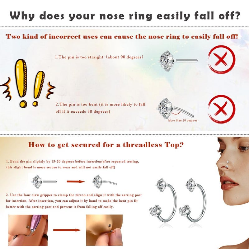 TOPBRIGHT 12PCS 316L Stainless Steel Horseshoe Nose Rings - 20G Threadless Push Pin Hoops with Double Cubic Zirconia for Women Men, Septum/Helix/Daith/Lip Piercing (7mm & 8mm) - Image 4