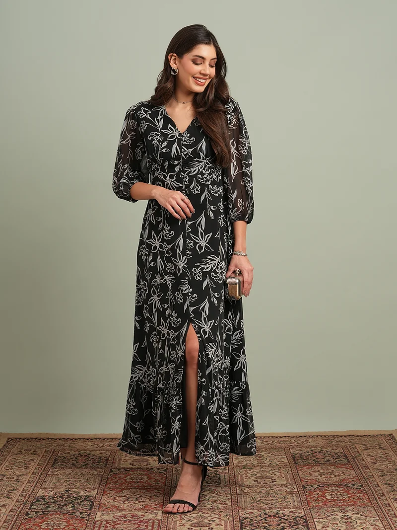 globus Globus Women Black V-Neck Puff Sleeves Floral Print Front Slit Smocked Fit & Flare Maxi Resort Dress
