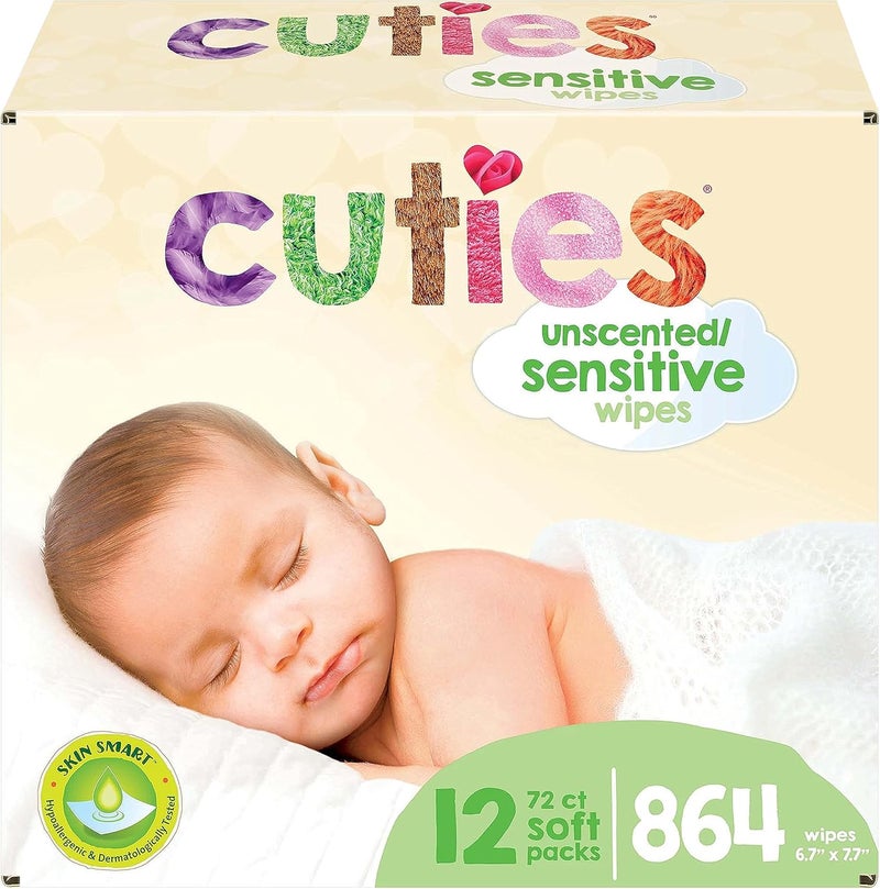 Cuties Baby Wipes  Unscented  Hypoallergenic  12 SoftPacks  864 Total Wipes - Image 1