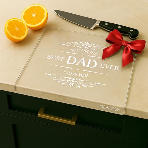 MEWSDEN Dad Gifts from Daughter Son - Engraved Best Dad Ever Acrylic Cutting Board with Counter Lip, Cooking Gift for Father Daddy Christmas Birthday Presents Clear Countertop Protector Kitchen Decor - Image 1