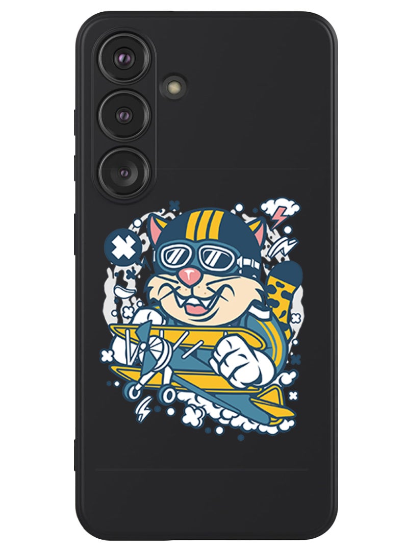 Theodor Protective Slim Fit Case Liquid Silicone Cover with Full Body Protection Anti-Scratch Shockproof Case For Samsung Galaxy S24 Plus (Black) - cat on plane - Image 1