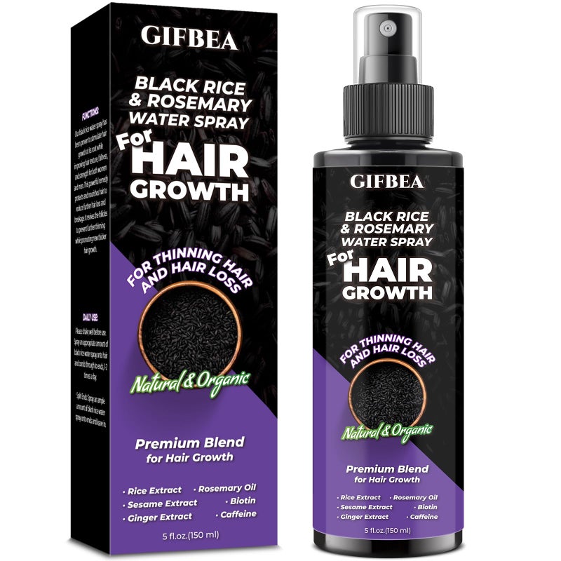 GIFBEA سيروم بخاخ ماء الأرز الأسود العضوي من GIFBEA لنمو الشعر، 5 أونصة سائلة، برائحة إكليل الجبل، لجميع أنواع الشعر، مع البيوتين، زيت الخروع، الكافيين، علاج تساقط الشعر - Image 1