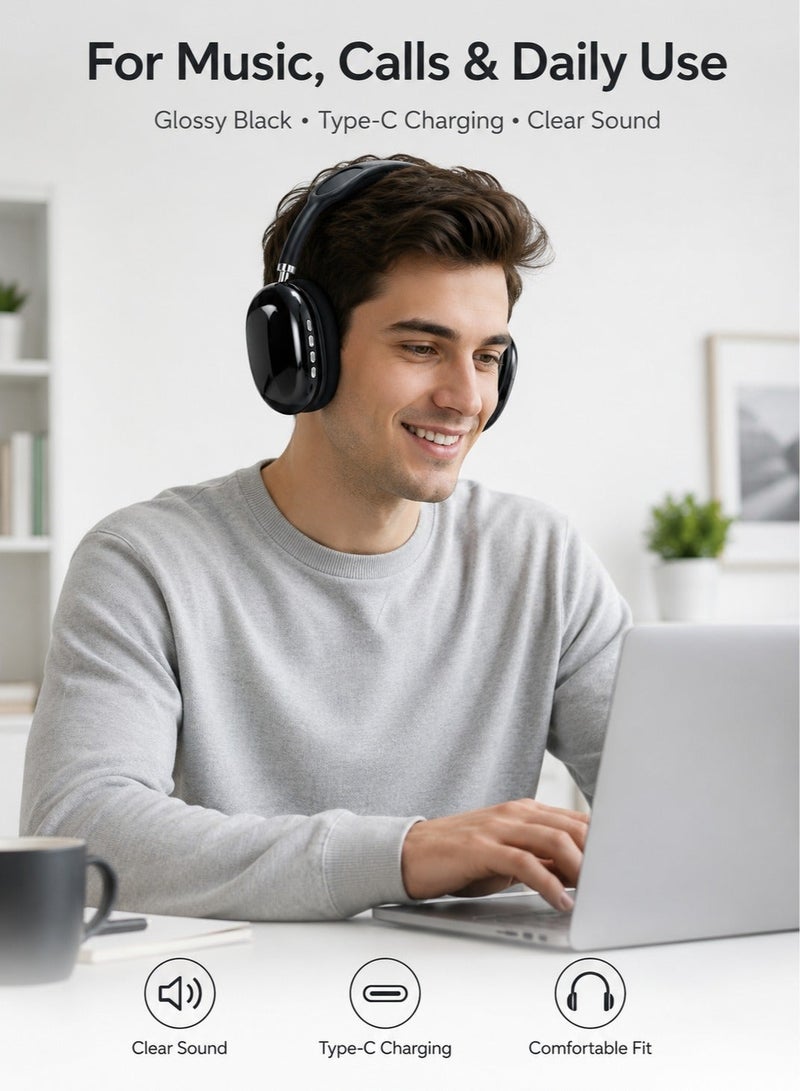 سماعة بلوتوث P9 أوفر إير (Generic) شحن Type-C، ميكروفون مدمج، دعم كارت ميموري وAUX، أسود لامع - Image 3