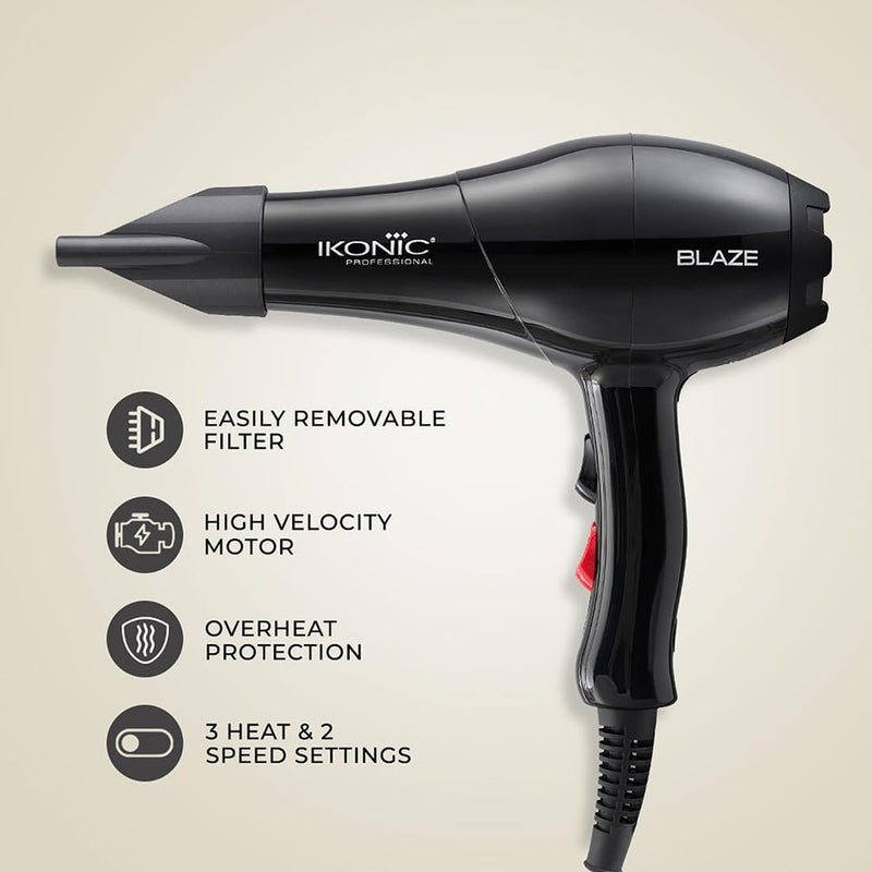 IKONIC Blaze Hair Dryer 1800W-2000W 3 Heat and 2 Speed Setting Combination Powerful AC Motor comes with 2 Interchangeable Nozzles, For All Hair Types - Image 2