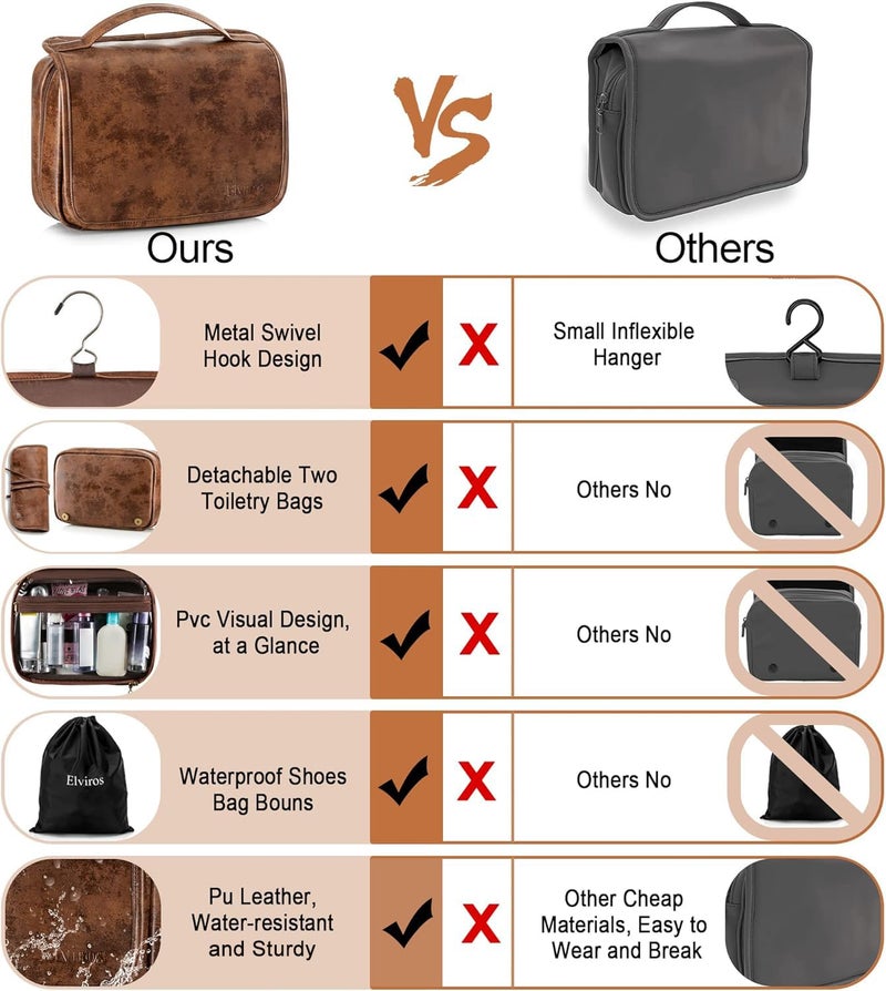 Elviros Hanging Toiletry Bag Removable Travel Bag PU leather Makeup Cosmetic Organizer Kit, Dark Brown - Image 5